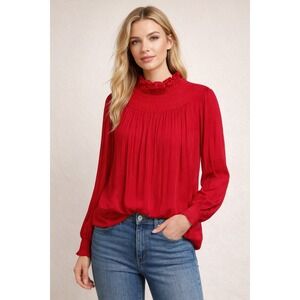 Gibson Latimer Red Smocked Mock Neck Ruffle Blouse Long Sleeve Top Womens Large